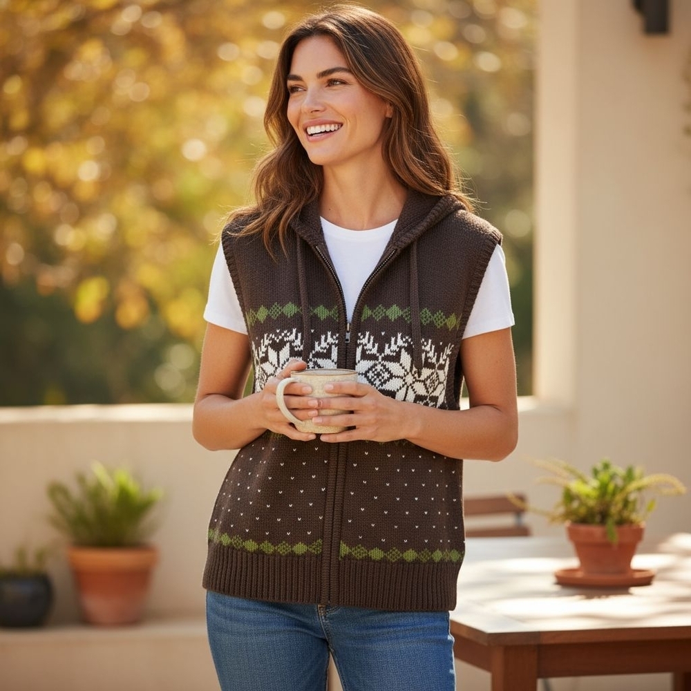 Brown and Green Women's Sweater Sherpa Vest XL